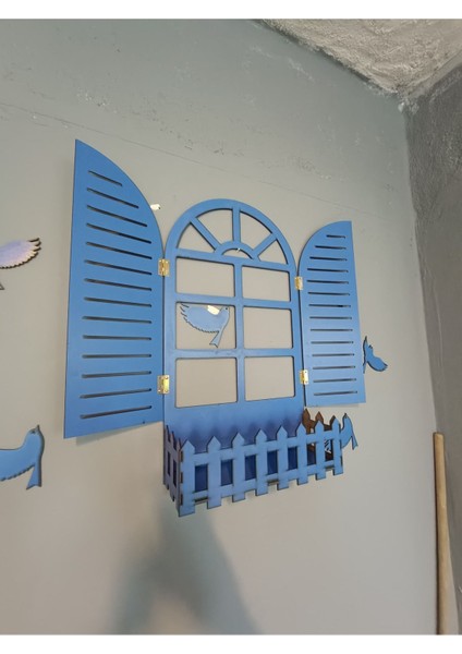 Mavi Kuşlu Pencere Temalı Ahşap Çiçeklik, Lazer Kesim, 3mm Duvar Süsü modelleri