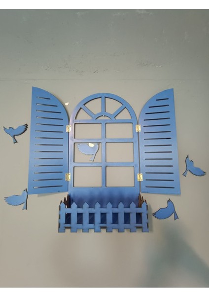 Mavi Kuşlu Pencere Temalı Ahşap Çiçeklik, Lazer Kesim, 3mm Duvar Süsü fırsatları