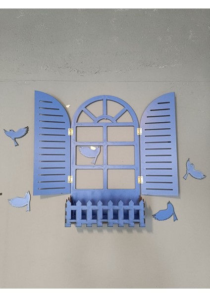 Mavi Kuşlu Pencere Temalı Ahşap Çiçeklik, Lazer Kesim, 3mm Duvar Süsü indirimleri