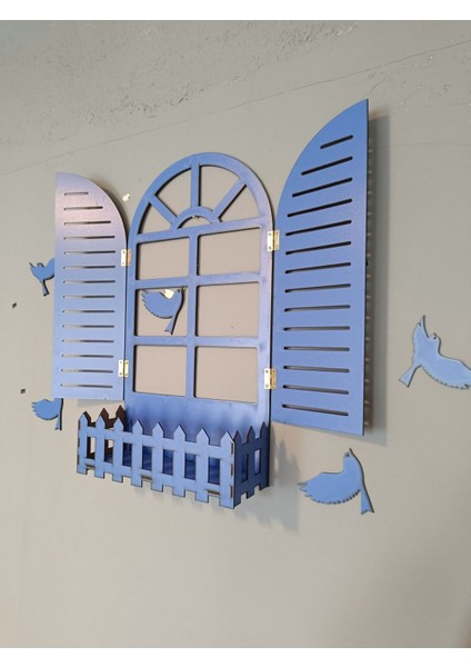 Mavi Kuşlu Pencere Temalı Ahşap Çiçeklik, Lazer Kesim, 3mm Duvar Süsü