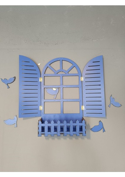 Mavi Kuşlu Pencere Temalı Ahşap Çiçeklik, Lazer Kesim, 3mm Duvar Süsü