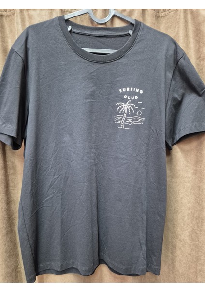 Siyah Surfing Club Baskılı Erkek Tişört – Yazlık Palmiye Desenli
