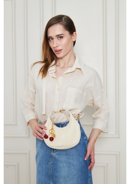 Mira Krem Orijinal Hasır Dokuma Charm Hediyeli Kadın El, Kol ve Omuz Çantası modelleri