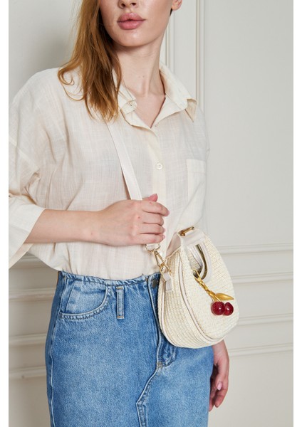 Mira Krem Orijinal Hasır Dokuma Charm Hediyeli Kadın El, Kol ve Omuz Çantası