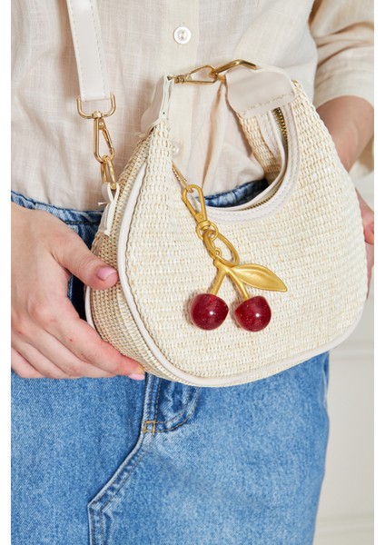 Mira Krem Orijinal Hasır Dokuma Charm Hediyeli Kadın El, Kol ve Omuz Çantası