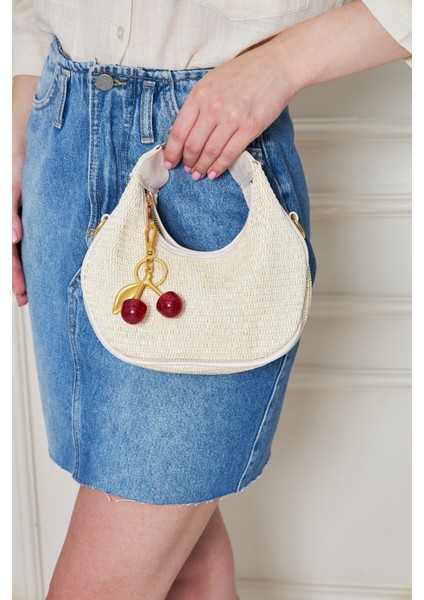 Mira Krem Orijinal Hasır Dokuma Charm Hediyeli Kadın El, Kol ve Omuz Çantası