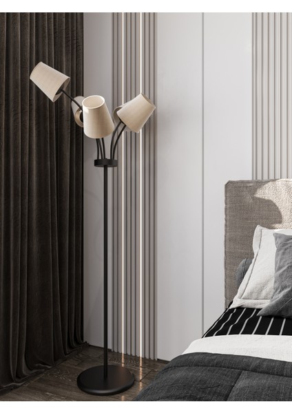 Florina Modern Siyah Metal 5 Beyaz Kumaş Başlıklı Asimetrik Metal Lambader