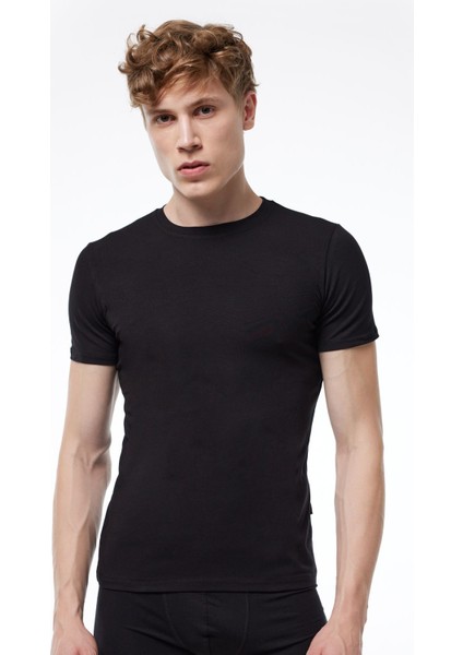 Erkek Siyah Yuvarlak Yaka Kısa Kollu Modal T-Shirt Body 030