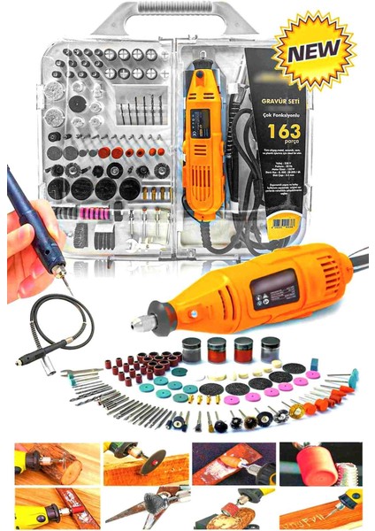 163 Parça Dramel 6 Devir Ayarlı Pvc Çantalı Hobi Gravür Seti Mini Taşlama Esnek Şaft Hediye