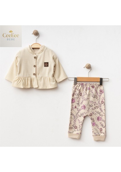 Fırfırlı Hırkalı & Çiçek Desenli 3'lü Bebek Takımı