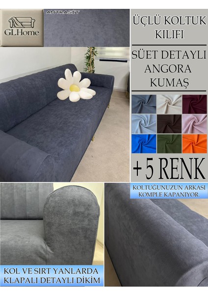 Süet Detaylı Angora Kumaş 3lü Komple Giydirme Kanepe & Çekyat, Bohem, Porto, Vb. Model Koltuk Kilifi