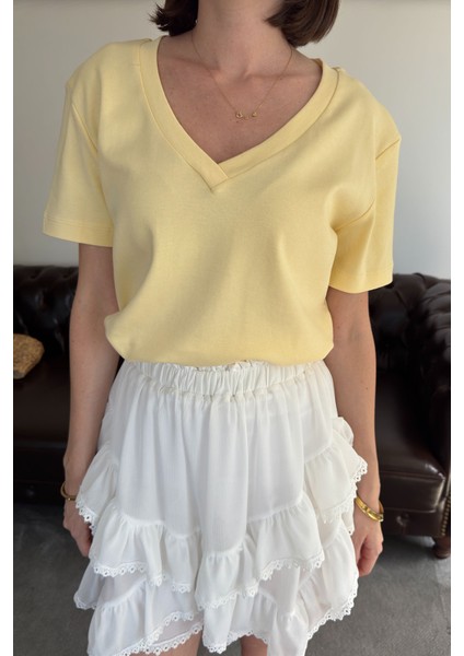 V Yaka Premium Tshirt- Sarı