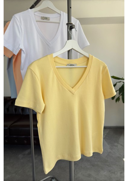 V Yaka Premium Tshirt- Sarı fiyatları