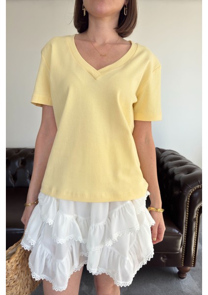 V Yaka Premium Tshirt- Sarı fırsatları