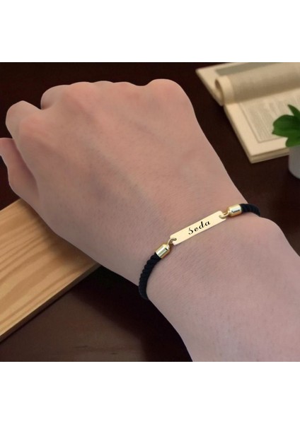 14 Ayar Altın Plakalı Seda Ismine Özel Siyah Örgü Ipli Dikdörtgen Figürlü Hediye BILEKLIK-555ISIM