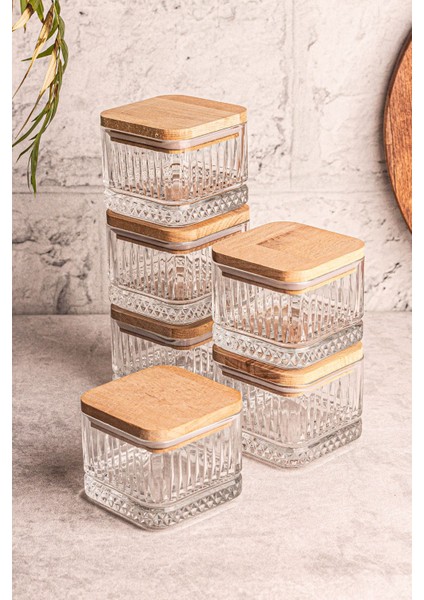 6'lı Kare Ahşap Kapaklı Cam Kahvaltılık, Çerezlik, Çok Amaçlı, 230 ml