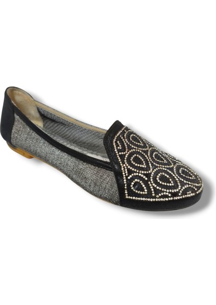 3110-20 Damla Taşlı Kadın Babet Siyah Gümüş