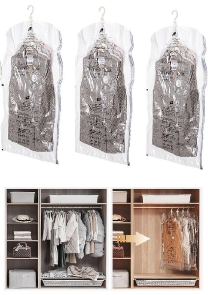 Vakumlu Hurç, Dolap Düzenleyici Elbise Saklama Poşeti,%80 Yer TASARRUFU,1ADET 90X60CM,1ADET 105X70CM,1ADET 145X70CM (Elbise Seti 3'lü)