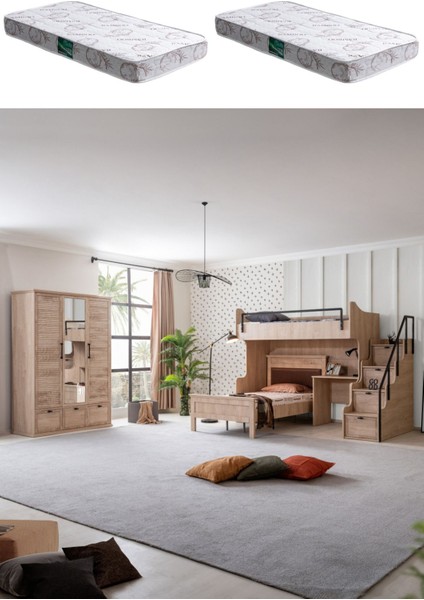 Ranza, Polo Genç Odası Takımı Çalışma Masalı Ceviz Ranza 3 Kapaklı Dolap 2 Adet Comfort Yatak