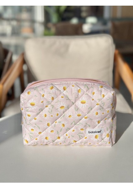 Toz Pembe Beyaz Papatya Desenli Makyaj Çantası - Büyük Boy