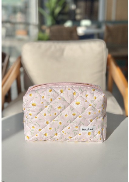 Toz Pembe Beyaz Papatya Desenli Makyaj Çantası - Büyük Boy fiyatları