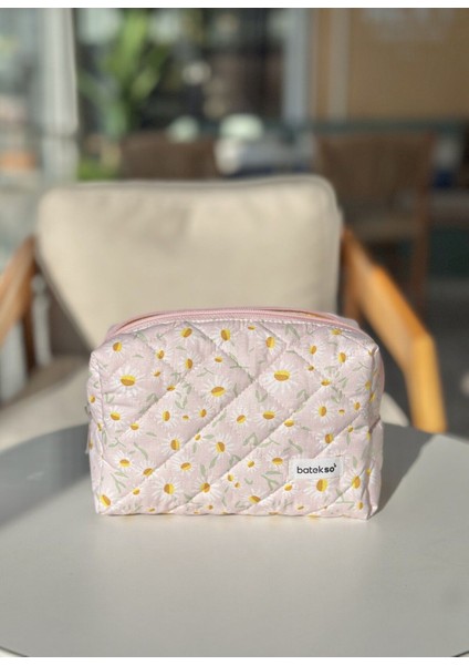 Toz Pembe Beyaz Papatya Desenli Makyaj Çantası - Büyük Boy fırsatları