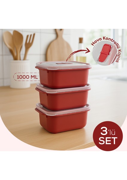 Kapaklı 3’lü Mikrodalgaya Uygun Dikdörtgen Saklama Kabı Seti - 1000 ml