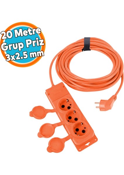 Uzatma Kablosu Monofaze Cca 3x2.5 mm Çoğaltıcı Seyyar Topraklı Kapaklı 3'lü Grup Priz Fiş 20 Metre