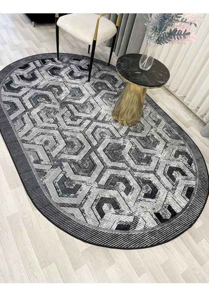 Gri Renk Kabartmalı Görünüm Oval Lateks Deri Taban Halı