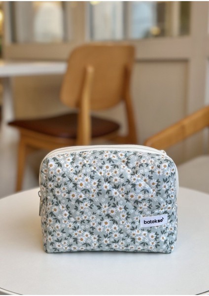 Koyu Yeşil Papatya Desenli Makyaj Çantası - Büyük Boy