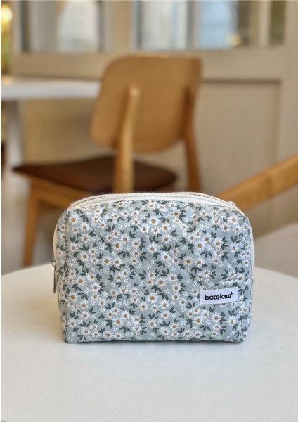 Koyu Yeşil Papatya Desenli Makyaj Çantası - Büyük Boy indirimleri