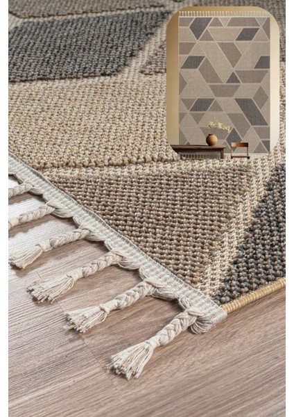 Roma Bej Kahve Yumuşak Bukleli ve Püsküllü Makine Dokuma Halı Oturma Odası Salon Mutfak Antre