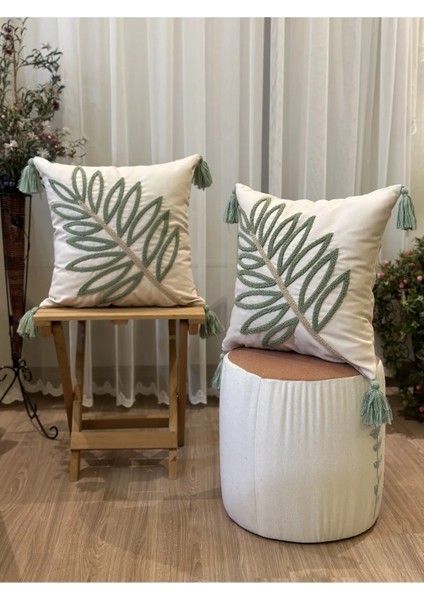 2'li Punch Işlemeli Nakışlı Yeşil Temalı Dekoratif Kırlent Kılıfı