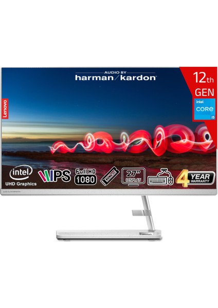 Ideacentre Aıo3 27IAP7 Intel Core I5-12450H 8 GB Ram 512 GB SSD Intel UHD Graphics 27 Fhd IPS Freedos F0GJ0127TR-8512 Klavye+Mouse Beyaz All In One Bilgisayar