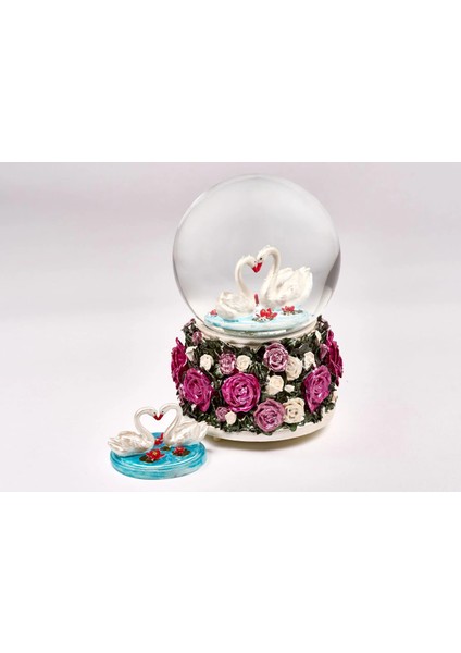 Kar Küresi Renkli Güller Büyük 100 Mm. El Boyaması, Müzikli Kendinden Üflemeli, Kuğular