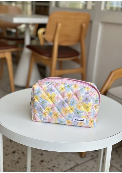 Çok Renkli Papatya Desenli Makyaj Çantası - Büyük Boy