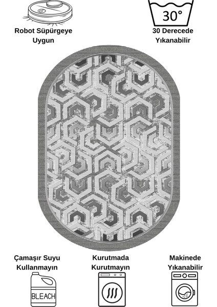 Gri Renk Kabartmalı Görünüm Oval Lateks Deri Taban Halı