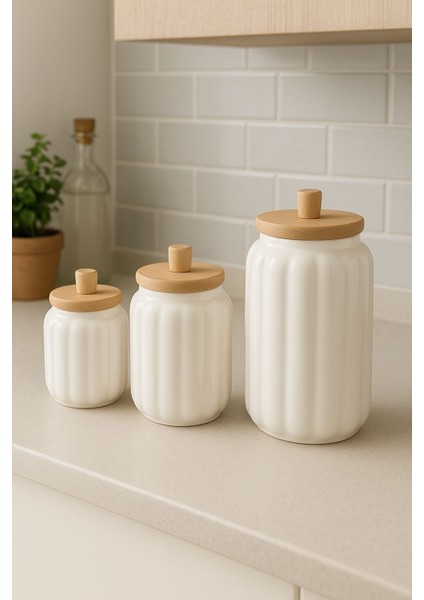 Ahşap Kapaklı Seramik Bombeli 3 Boy Kavanoz Seti 500-750-1000 ml