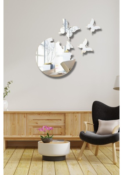 Kelebek Şekilli Gümüş Pleksi 4 Parça Duvar Dekoru, 50X50CM, Salon, Oturma, Yatak, Çocuk Oda