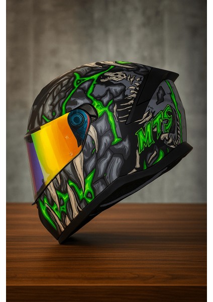 M-910 Pro Green Skull Full Face Kask – Güneş Vizörlü, Dot/ce Onaylı, Intercom Uyumlu
