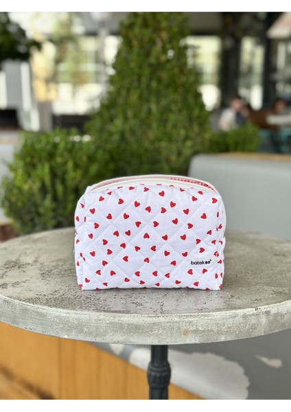 Kırmızı Kalp Desenli Makyaj Çantası - Büyük Boy