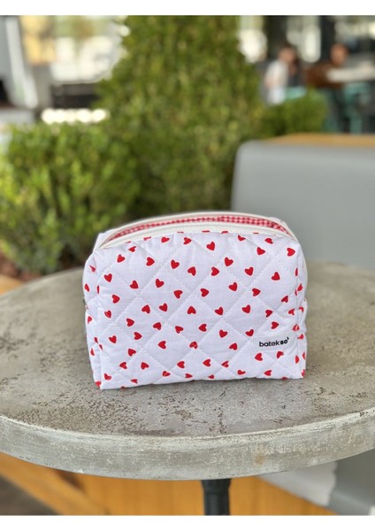 Kırmızı Kalp Desenli Makyaj Çantası - Büyük Boy modelleri
