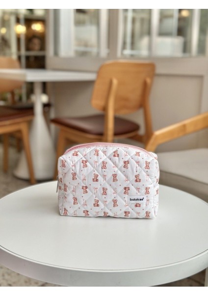 Pembe Ayıcık Desenli Makyaj Çantası - Büyük Boy