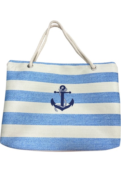 Sedosh Home Çizgili Halat Desenli Kadın Plaj Çantası – Büyük Boy Fermuarlı, Halat Saplı, Yıkanabilir Kumaş (45X35 cm – 25 Litre)