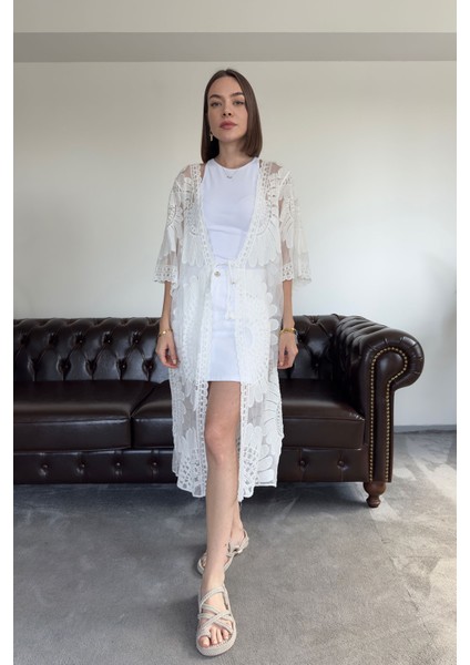 Traspran Premium Makrome Kimono- Beyaz modelleri
