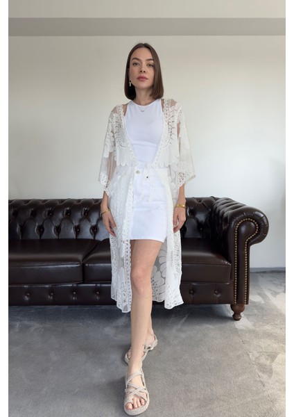 Traspran Premium Makrome Kimono- Beyaz indirimleri