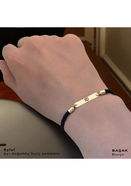 Altın Plakalı 14 Ayar Eylül Ayı Doğumlarına Siyah Örgülü Dikdörtgen Figürlü Hediye BILEKLIK-555AY