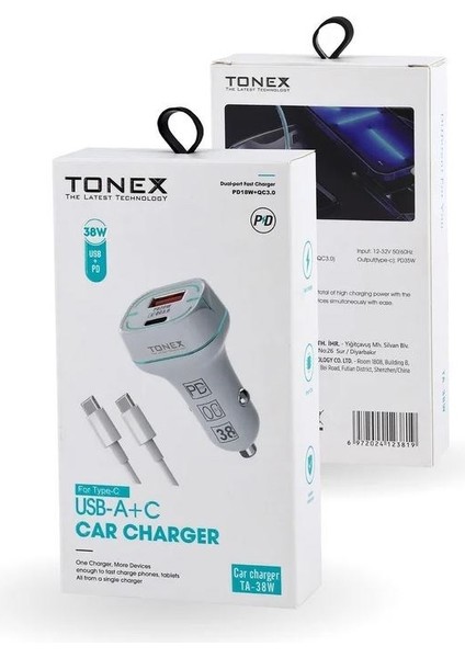 TA-38W 2 Girişli 38W Type-C To Type-C Kablolu Hızlı Araç Şarjı Işıklı -
