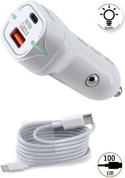 TA-38W 2 Girişli 38W Type-C To Type-C Kablolu Hızlı Araç Şarjı Işıklı - modelleri