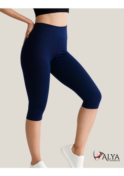Diz Altı Kapri Tayt Yüksek Bel Likralı Dalgıç Kumaş ( Lacivert, M )